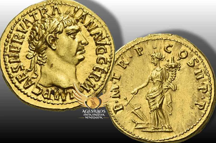 Bu göz alıcı altın sikke [Aureus], Trajan'ın Roma İmparatoru olarak iktidara gelmesinden kısa bir süre sonra, MS 99 yılında darb edilmiştir.